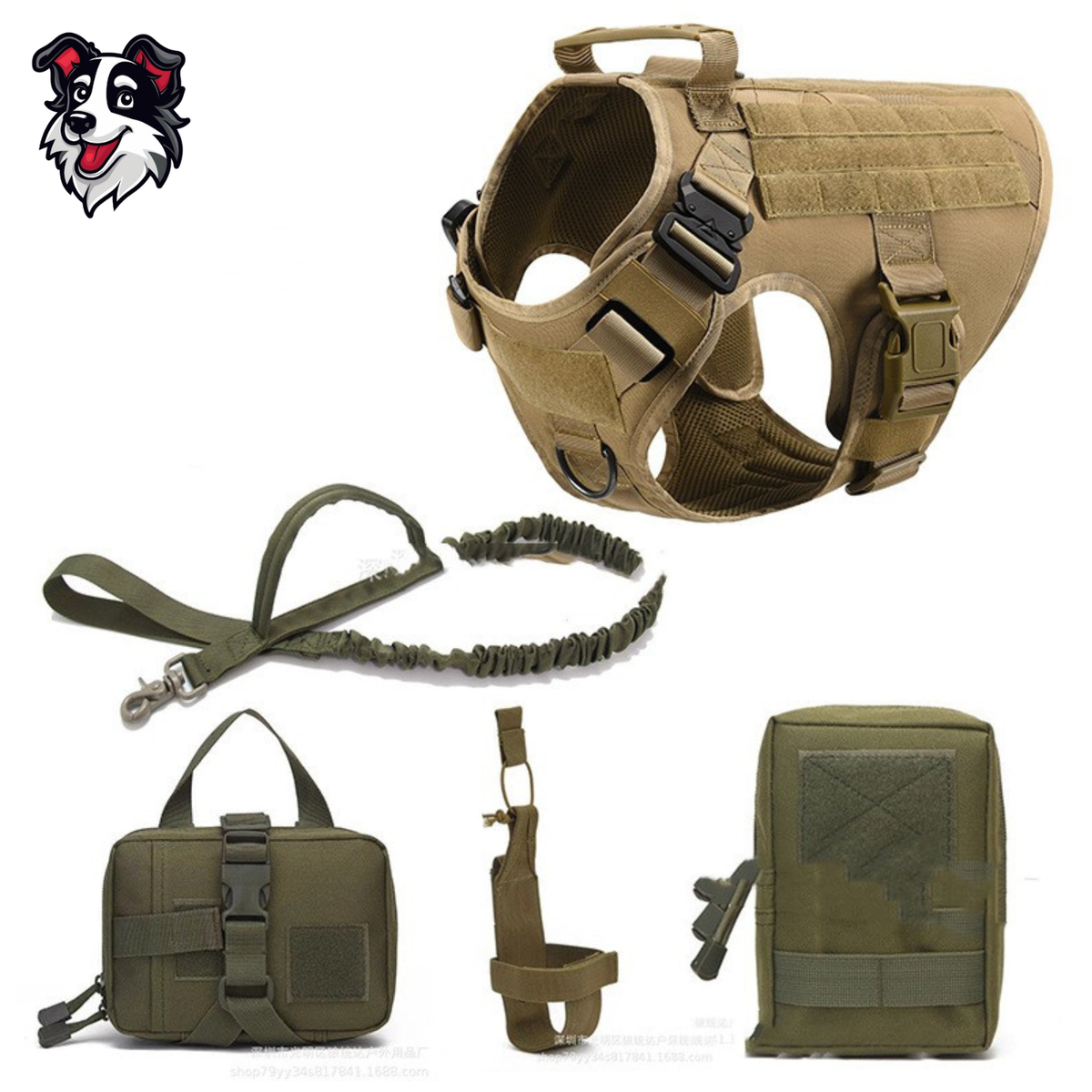 Sistema Táctico K9 Todo en Uno: Arnés Modular, Correa Bungee y Bolsos de Carga